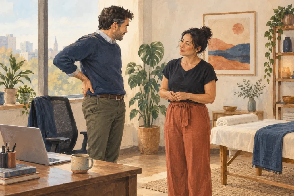 Illustration of a desk worker discussing back discomfort with a professional.
