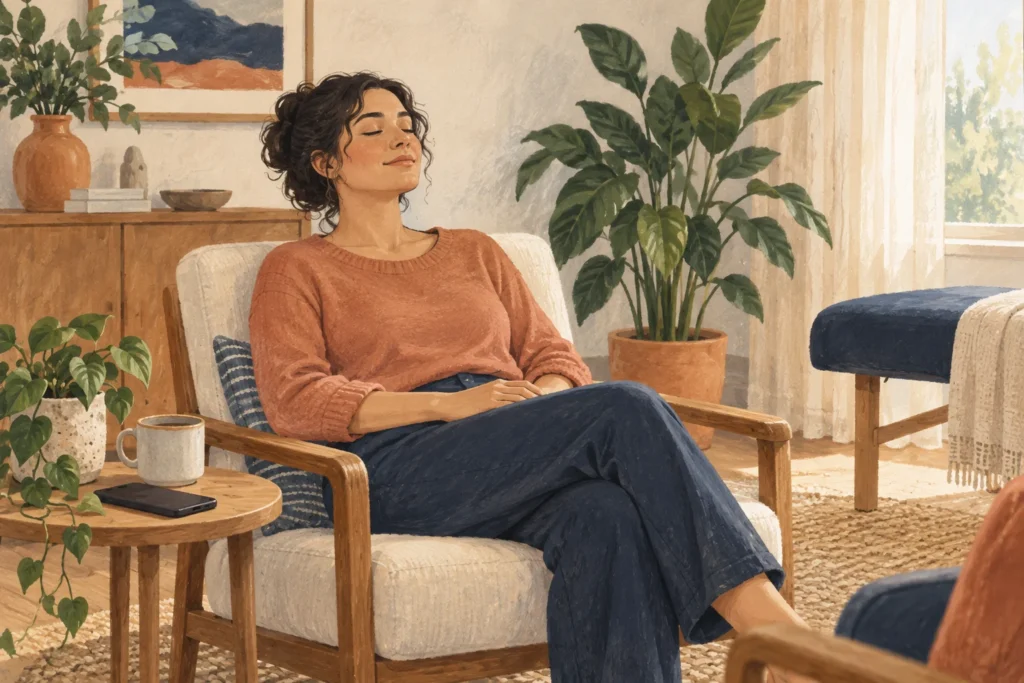 Illustration of a woman taking a quiet break with her phone put aside.