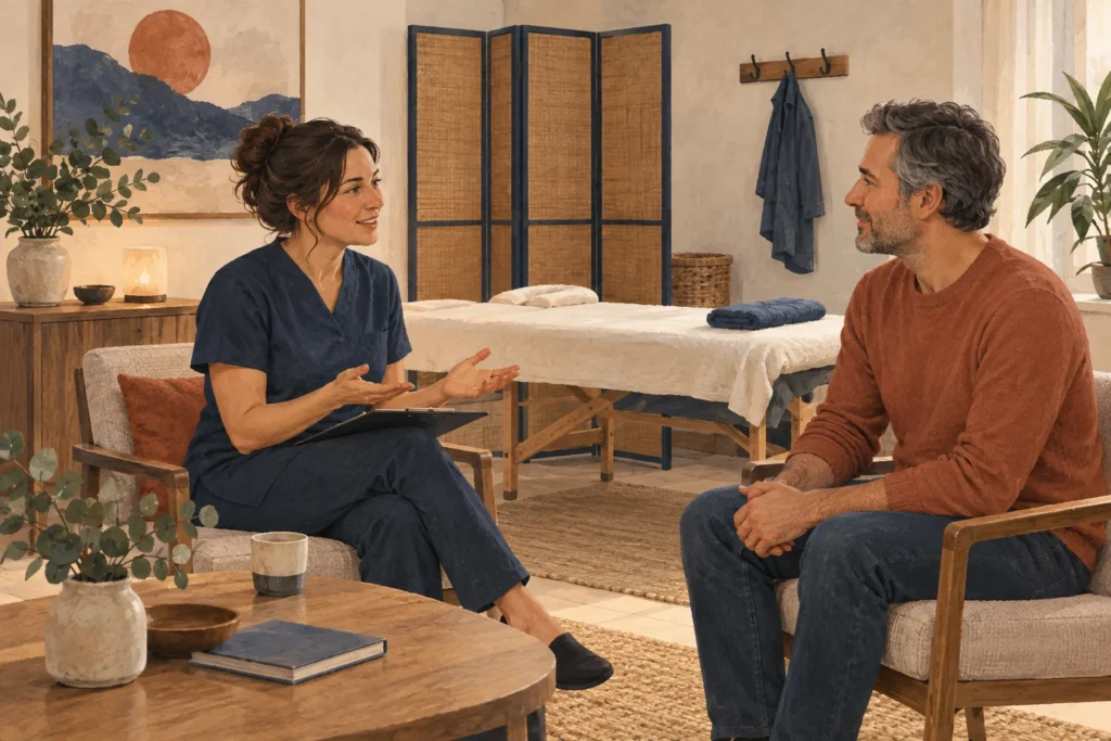 Illustration of a first appointment in a private massage room.