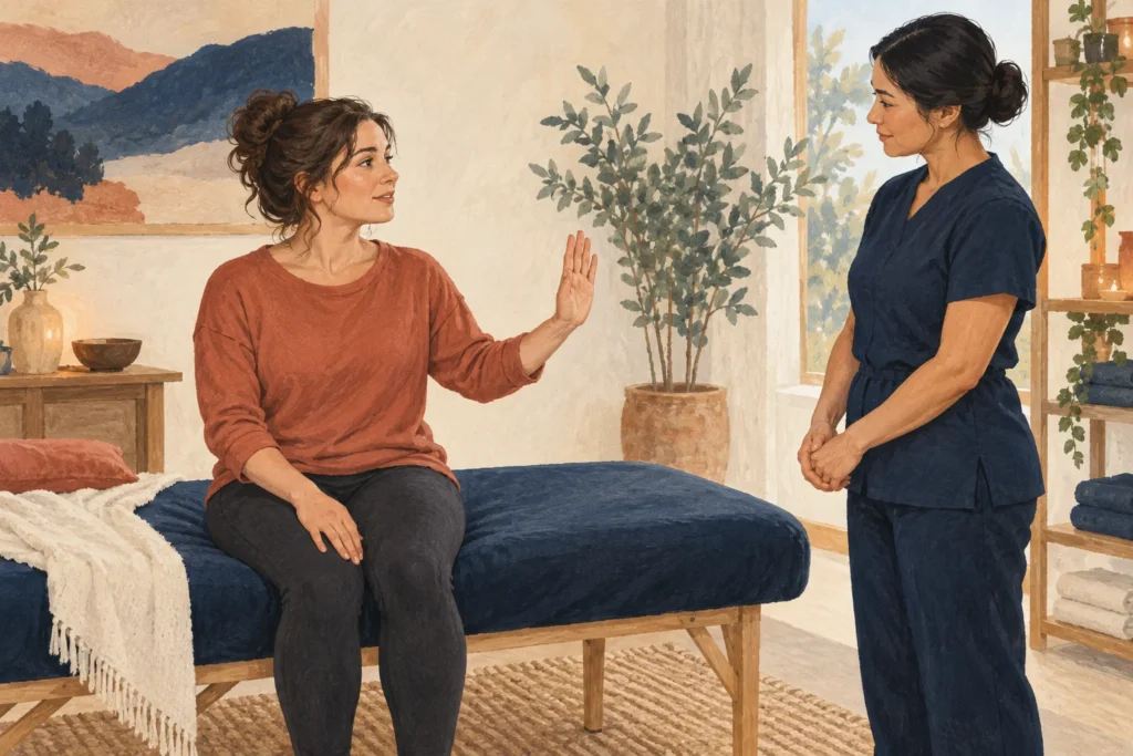 Illustration of a client asking for a pause while the professional listens.