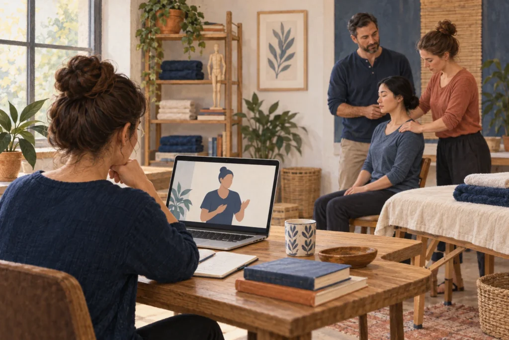 Illustration of online learning and supervised massage practice in a classroom.