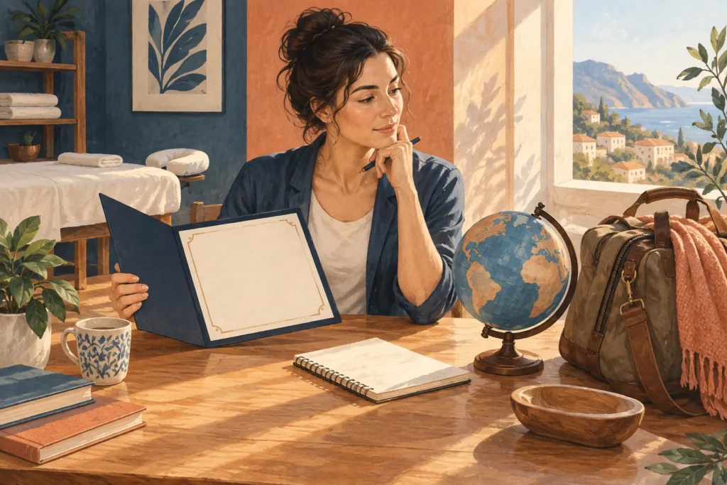 Illustration of a professional reviewing documents before working abroad.
