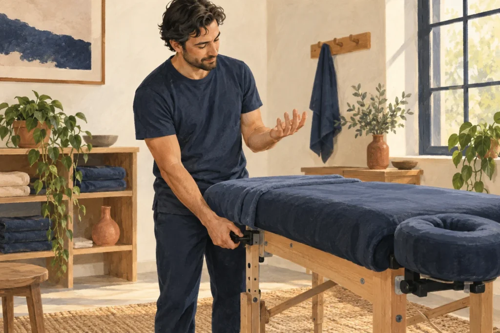 Illustration of a massage professional adjusting the table between appointments.