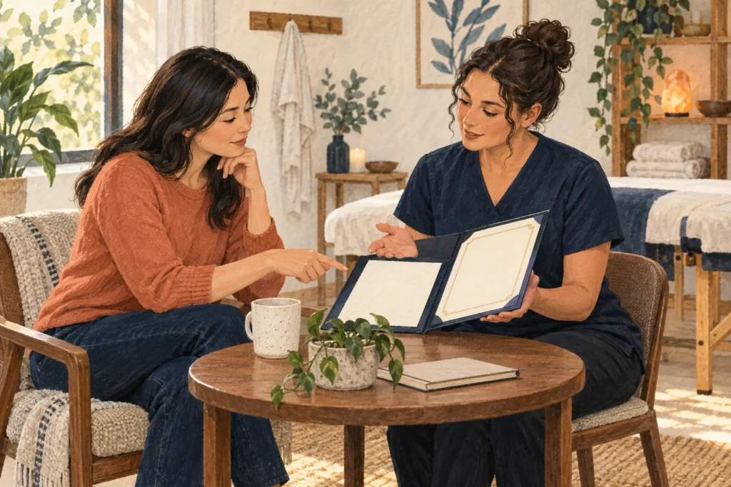 Illustration of a client and professional reviewing a credential folder together.